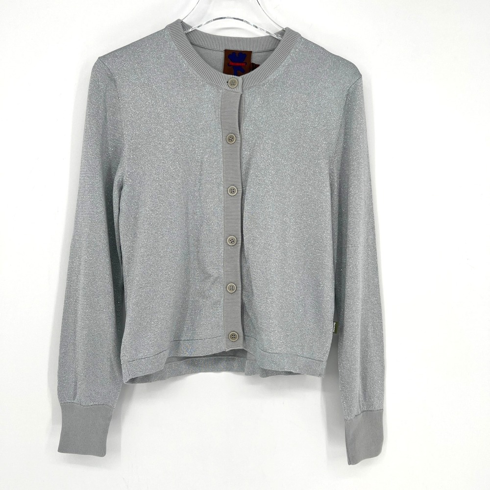 Marc Jacobs Heaven Cardigan Womens L Silver Metallic Sparkle Crew Neck